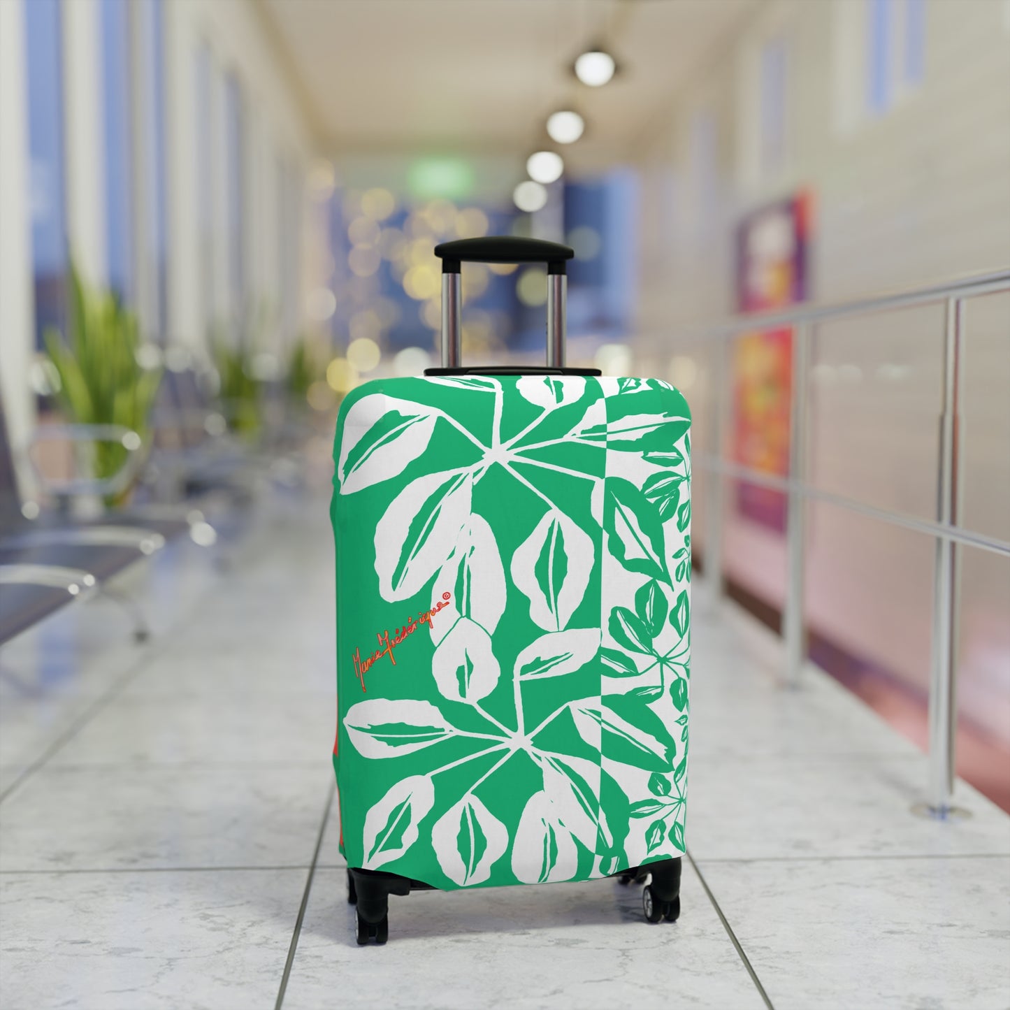 Luggage Cover, Tropical leaves in Green and White by artist Marie Frederique