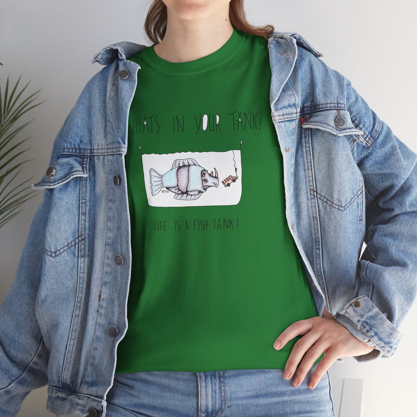 Life is a Fish Tank Collection, "What's in your tank?  Rhino Fish with dangling bait/vehicle on a hook. Unisex Heavy Cotton Tee by artist Marie Frederique