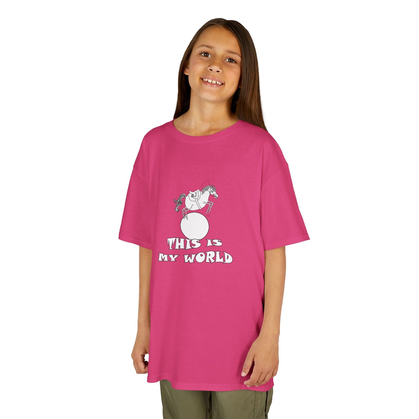 Kids Heavy Cotton™ Tee - 'This Is My World' Playful Horse Graphic T-Shirt for Children by artist Marie Frederique