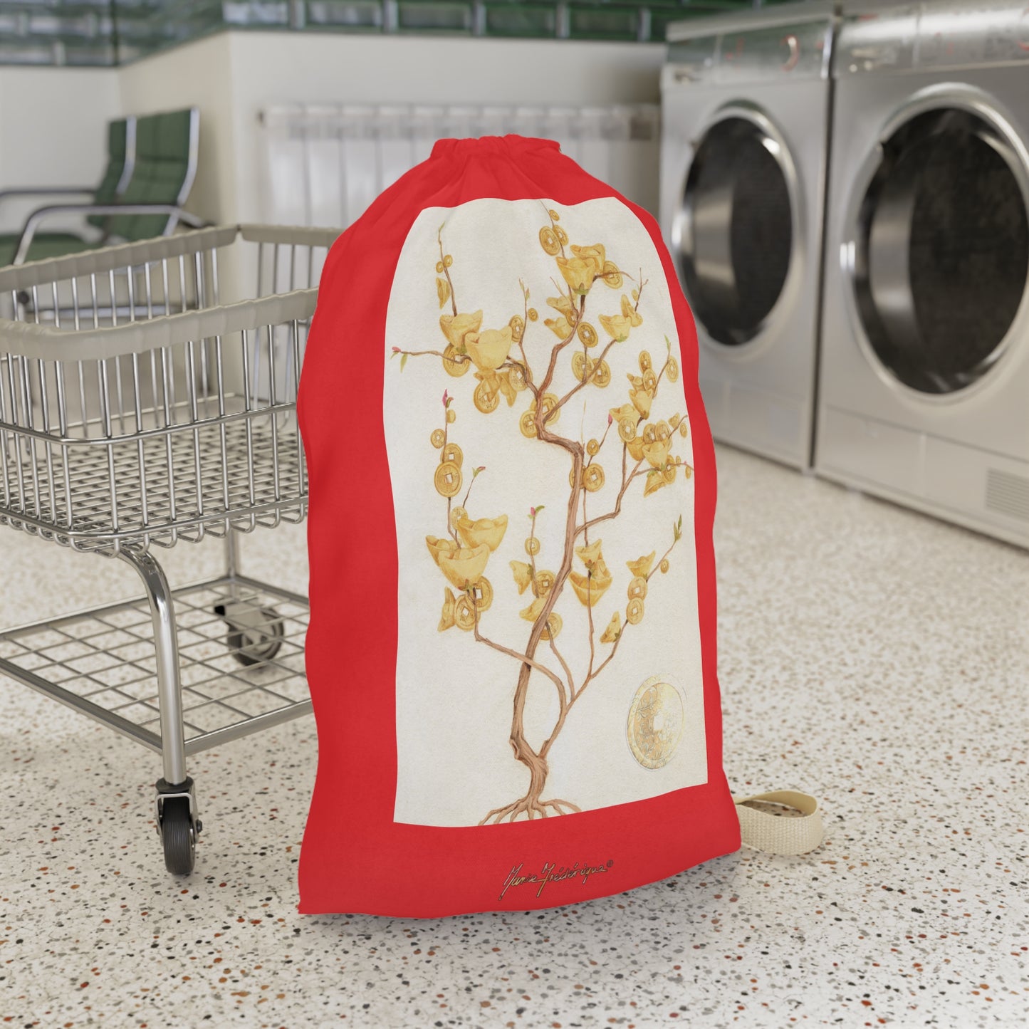 Floral Golden Money Tree Laundry Bag — Drawstring Laundry Sack by artist Marie Frederique
