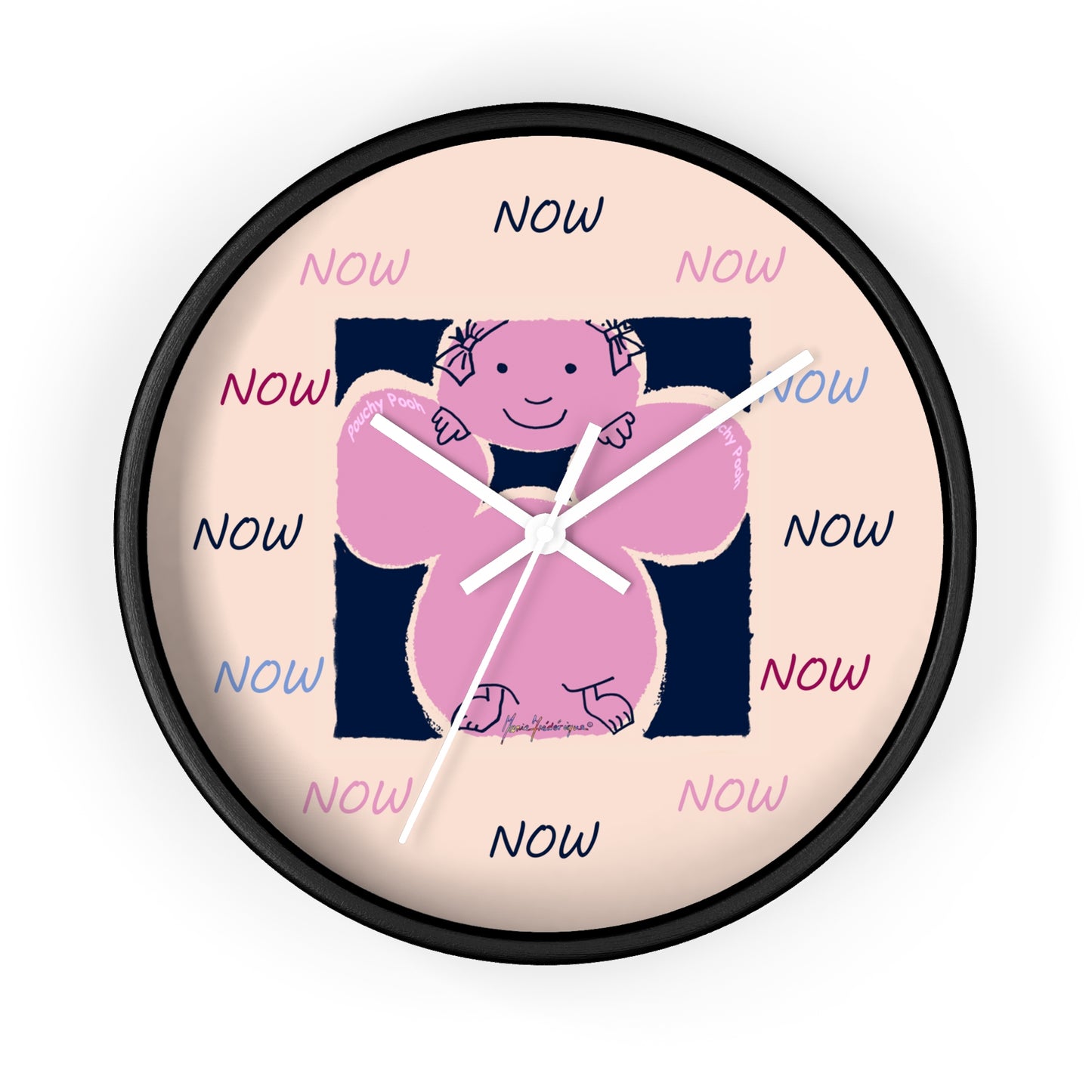 NOW - Wall Clock Pouchy Pooh (Pronounced Puchi Poo) in pink and navy by Artist Maria Frederique