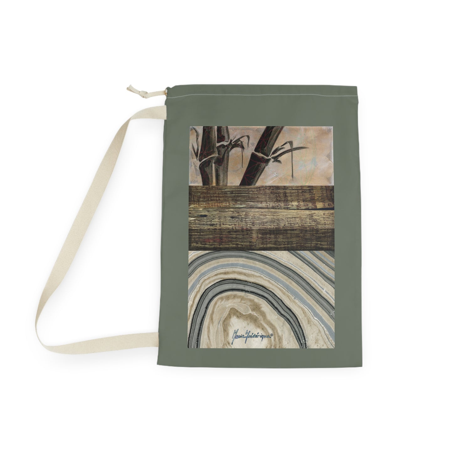 Elegant Designer Laundry Bag - Rustic Bamboo & Agate Print Drawstring Hamper by artist Marie Frederique