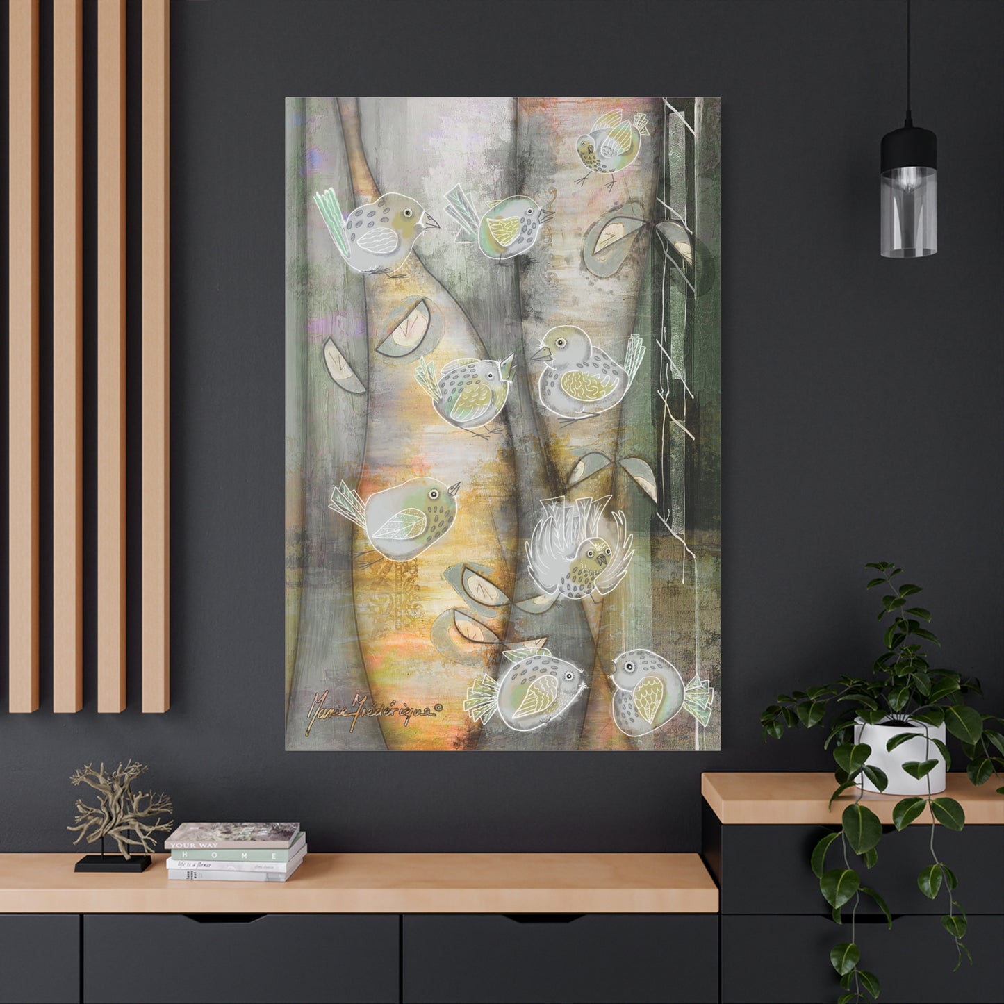 Birds in a forest, Matte Canvas Art by artist Marie Frederique