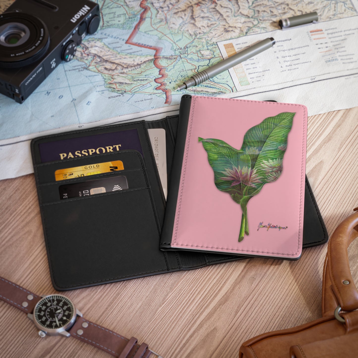 Passport Cover, Pink Lotus flower on green leaves with a pink background by artist Marie Frederique