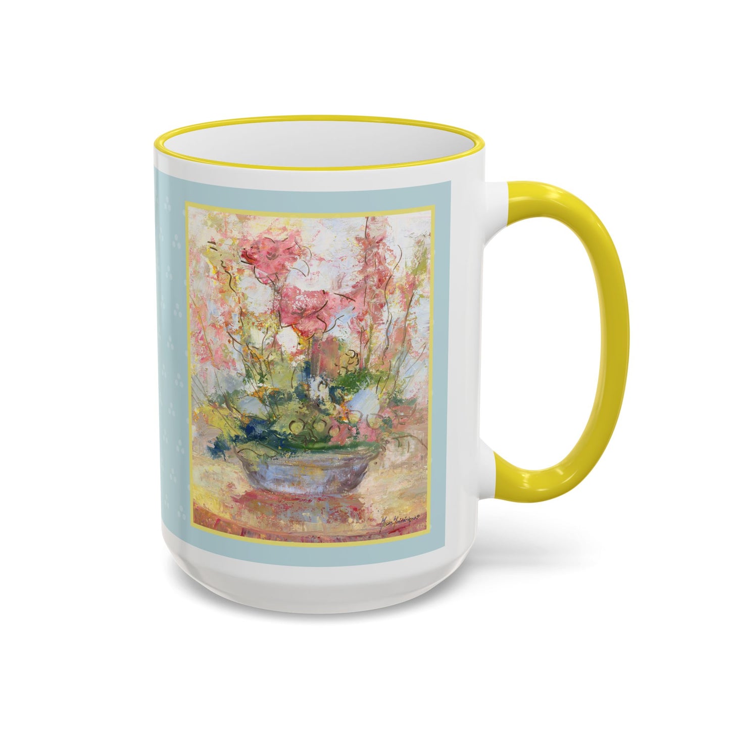 Floral Watercolor Accent Rim Mug — Pastel Bouquet Coffee Cup (11oz & 15oz) by artist Marie Frederique