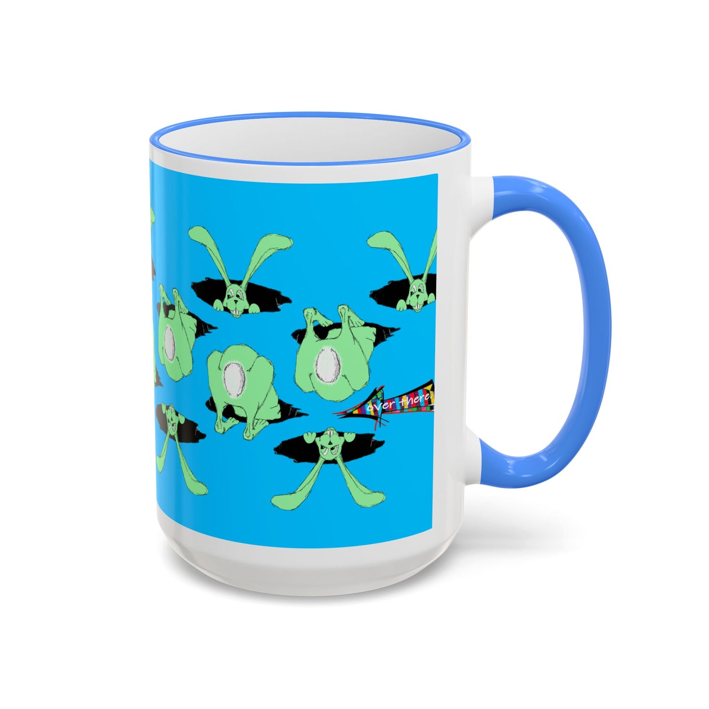 Where is Alice? Playful Green Bunny Pattern Accent Rim Mug (11oz & 15oz) by artist Marie Frederique