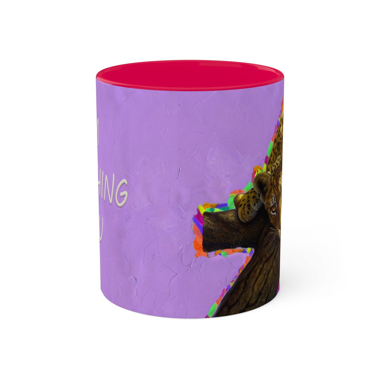 Leopard in a tree, "I'M WATCHING YOU" - Colorful Mug in 4 colors Red, Yellow, Light Green and Pink 11oz By Artist Marie Frederique