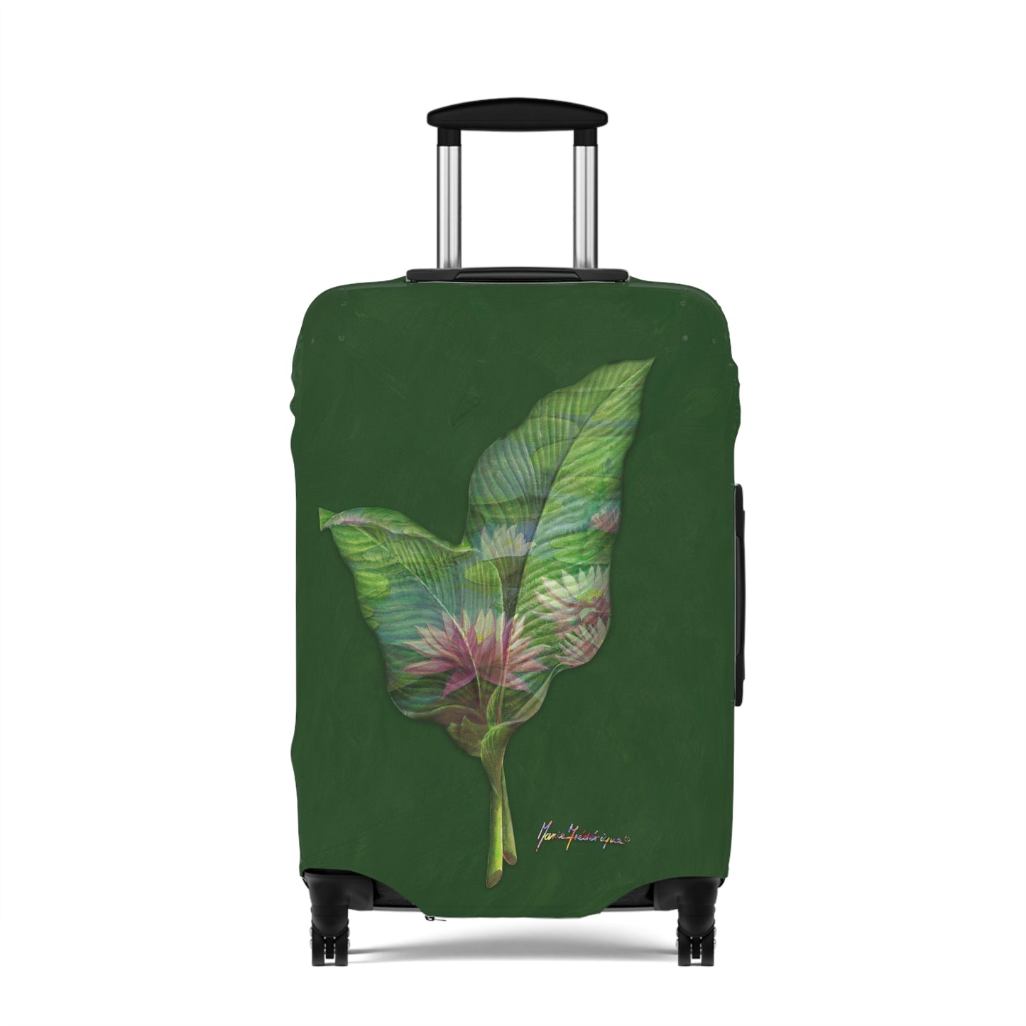 Luggage Cover, Pink Lotus flower and leaves on green By Artist Marie Frederique