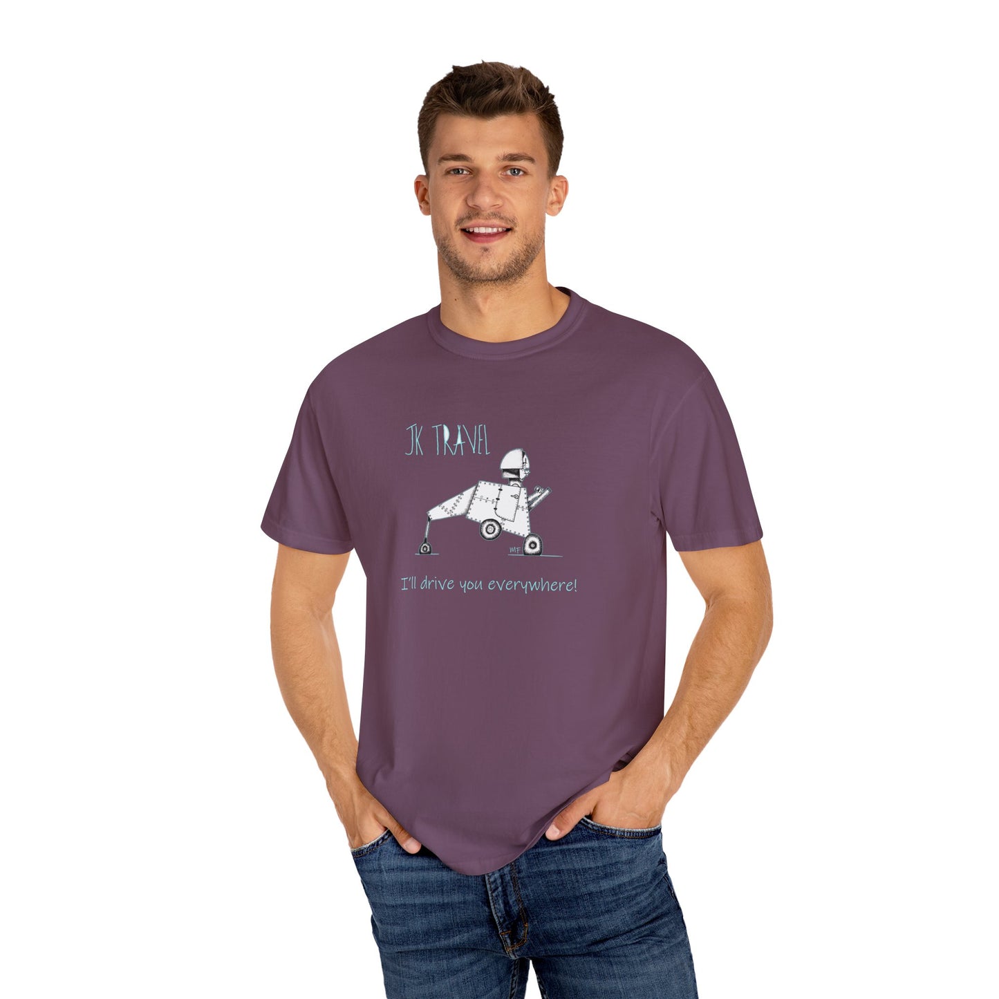 JK TRAVEL, I'll drive you everywhere - Unisex Garment-Dyed T-shirt by Artist Marie Frederique