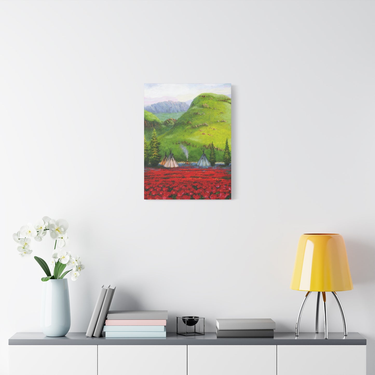 Serene Native American Landscape with Red Poppy Fields - Canvas Print by artist Marie Frederique