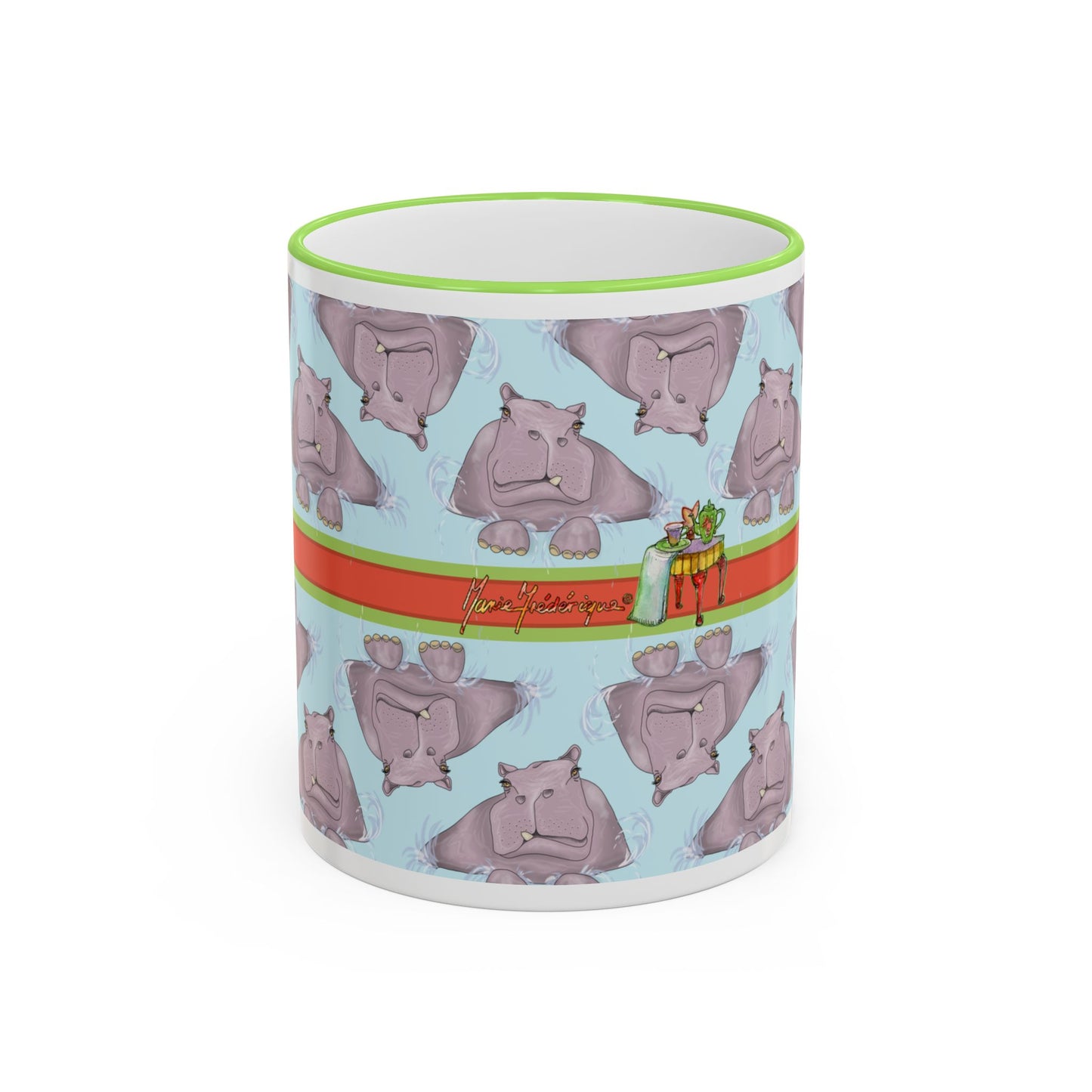Happy Hippo Pattern Mug — Coffee Tea Mug (11oz, 15oz) by artist Marie Frederique