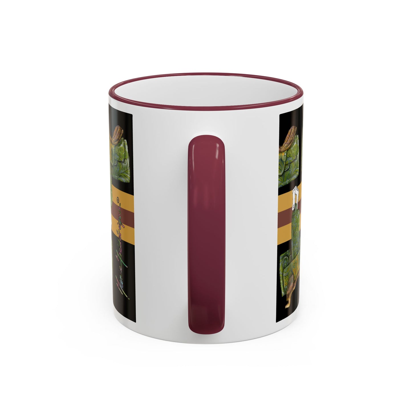 Western Saddle & Scarf Pattern Accent Rim Mug (11oz/15oz) by artist Marie Frederique