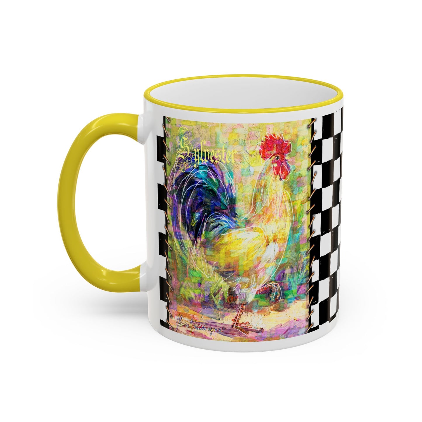 Checkerboard, Slo Mo & Sylvester Rooster Accent Rim Mug — Colorful Farmhouse Coffee Cup (11oz & 15oz) by artist Marie Frederique