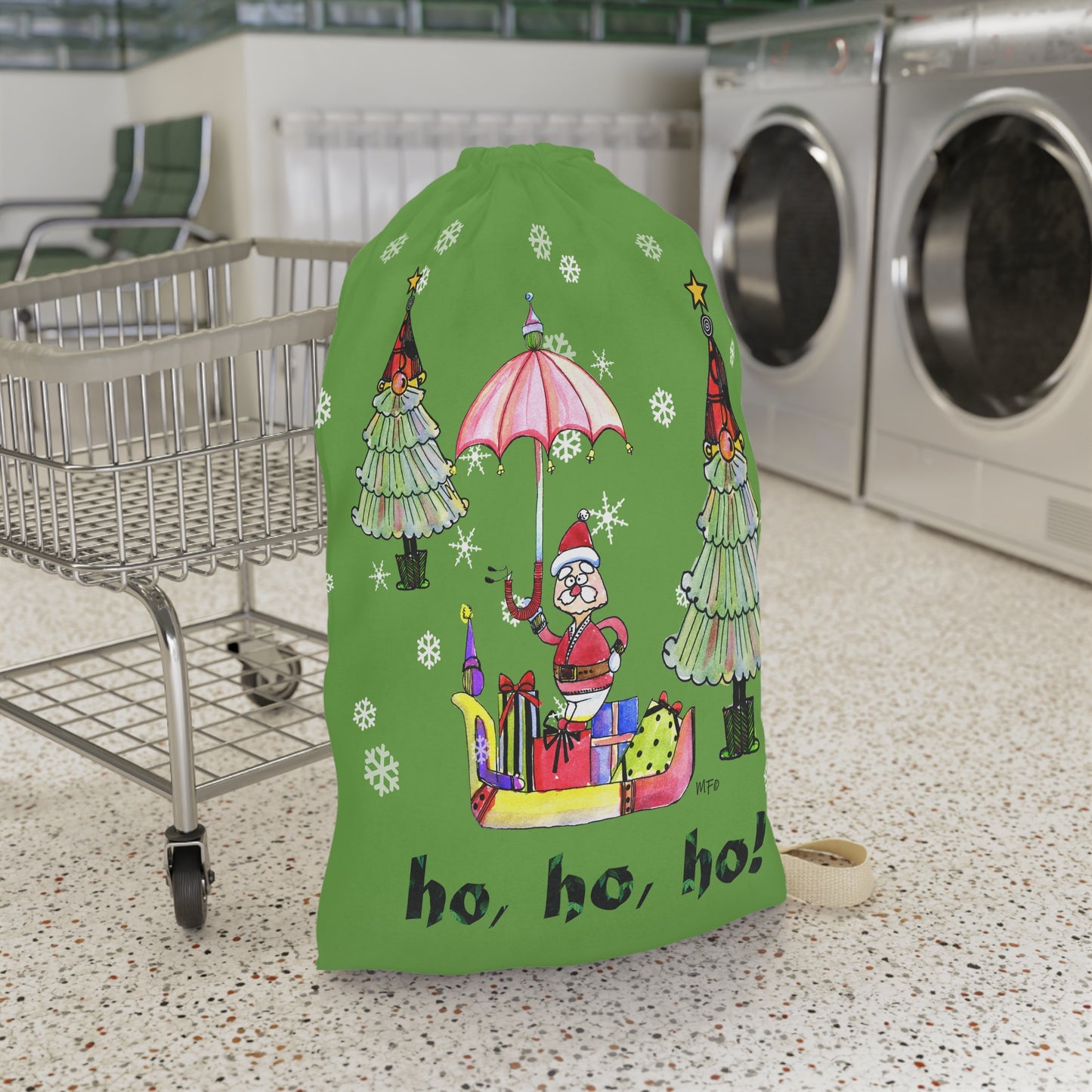 Christmas Laundry Bag — 'Ho, Ho, Ho!' Santa & Trees Holiday Wash Organizer by artist Marie Frederique