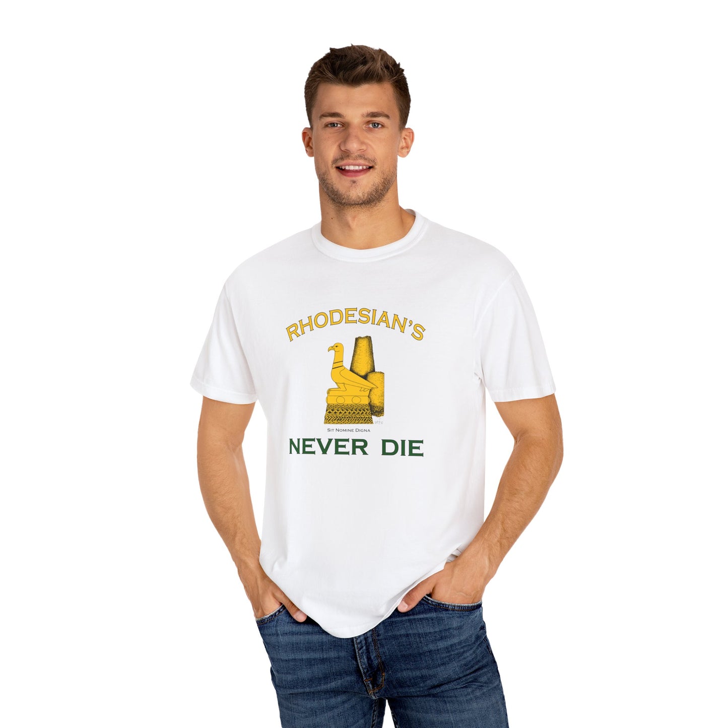 Rhodesian's Never Die, Sit Nomine Digna - Unisex Garment-Dyed T-shirt by artist Marie Frederique