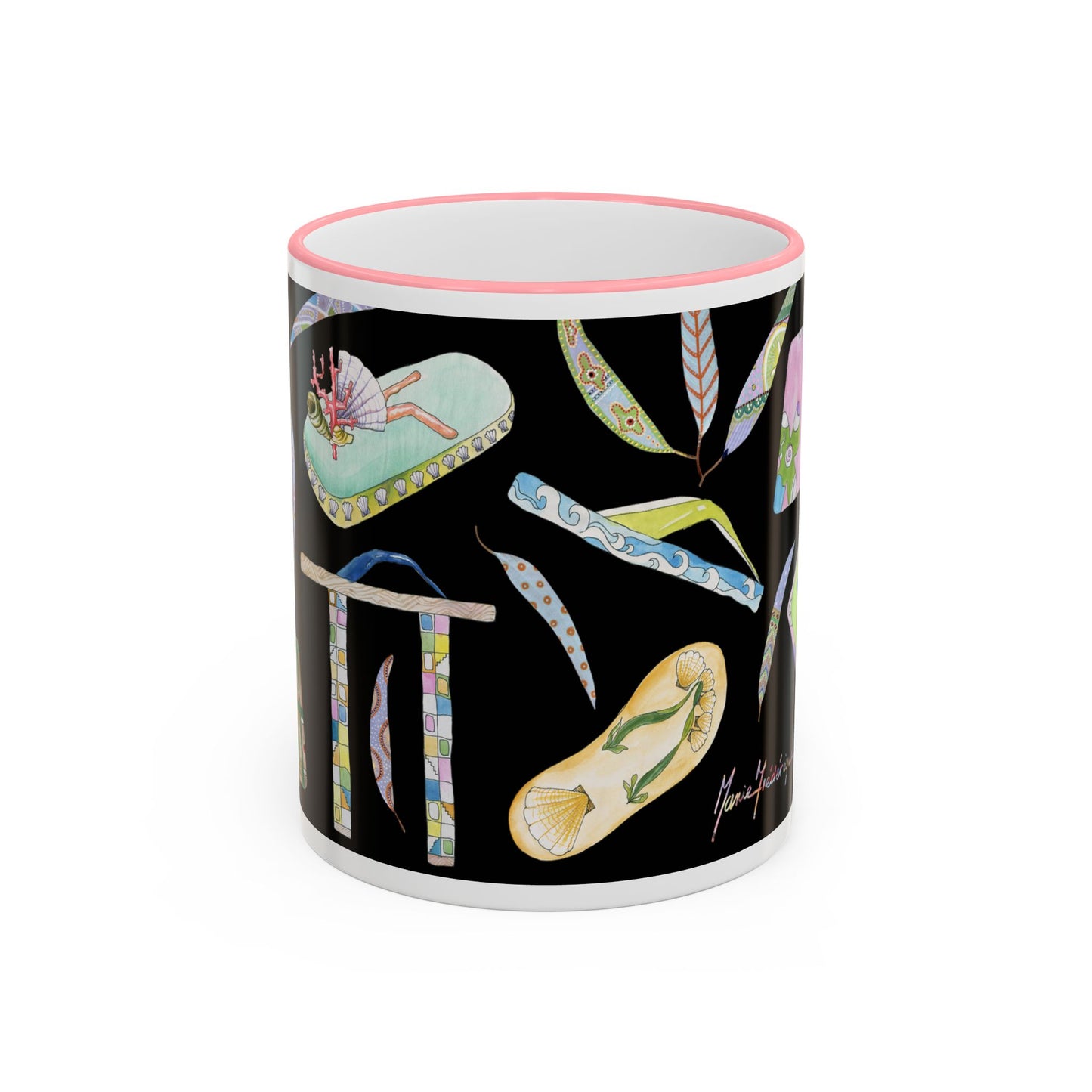 Vacation Fun Flip-Flop Accent Rim Mug — 11oz/15oz Ceramic Coffee Cup by artist Marie Frederique