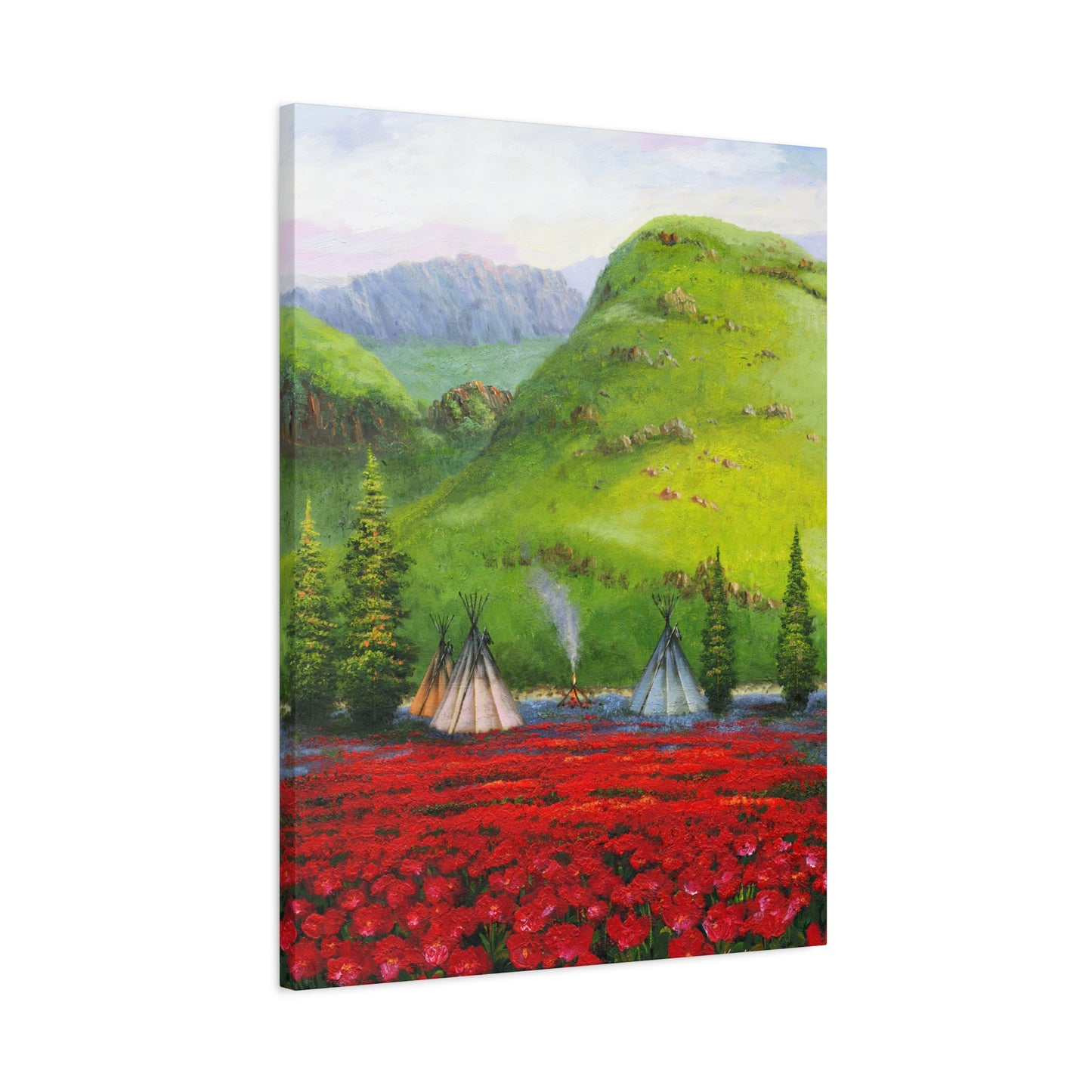 Serene Native American Landscape with Red Poppy Fields - Canvas Print by artist Marie Frederique