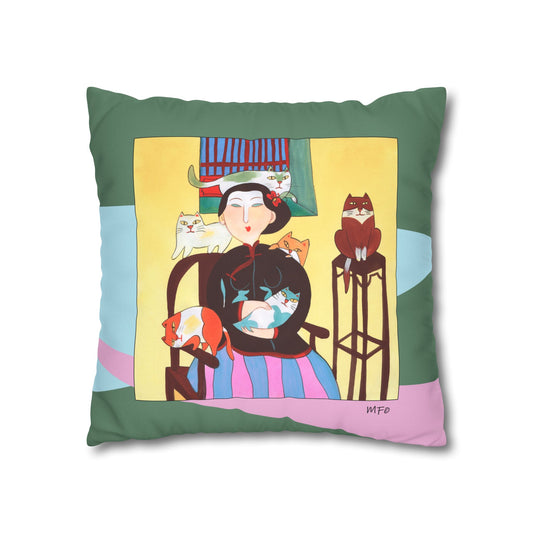 Village scenes, Faux Suede Pillowcase — Colorful Retro Home Decor by artist Marie Frederique