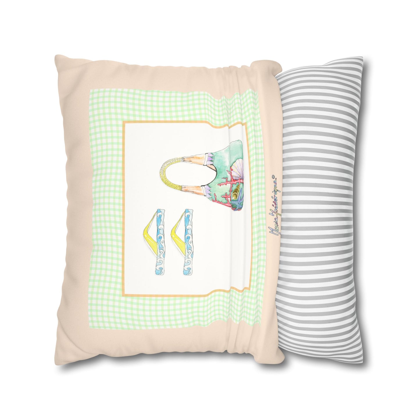 Coastal Vacation Tote and flip flop, Pattern Faux Suede Square Pillowcase by artist Marie Frederique