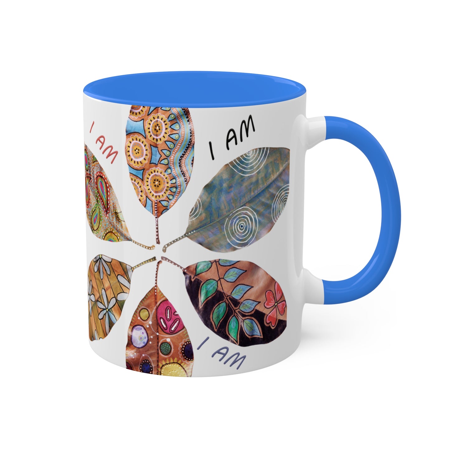 I AM collection with painted leaves - Colorful Mug in 5 colors, Red, Bblack, Yellow, Light Green and Cambridge Blue 11oz By Artist Marie Frederique