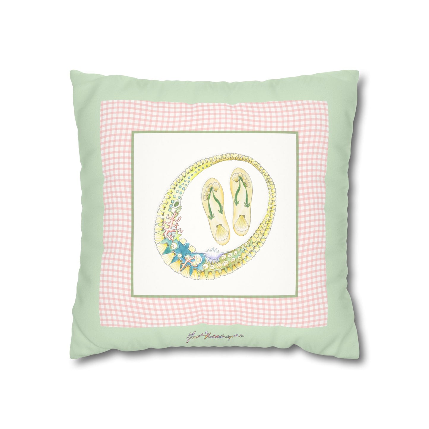 Pastel Vacation necklace and flip flops Faux Suede Pillow Cover by artist Marie Frederique