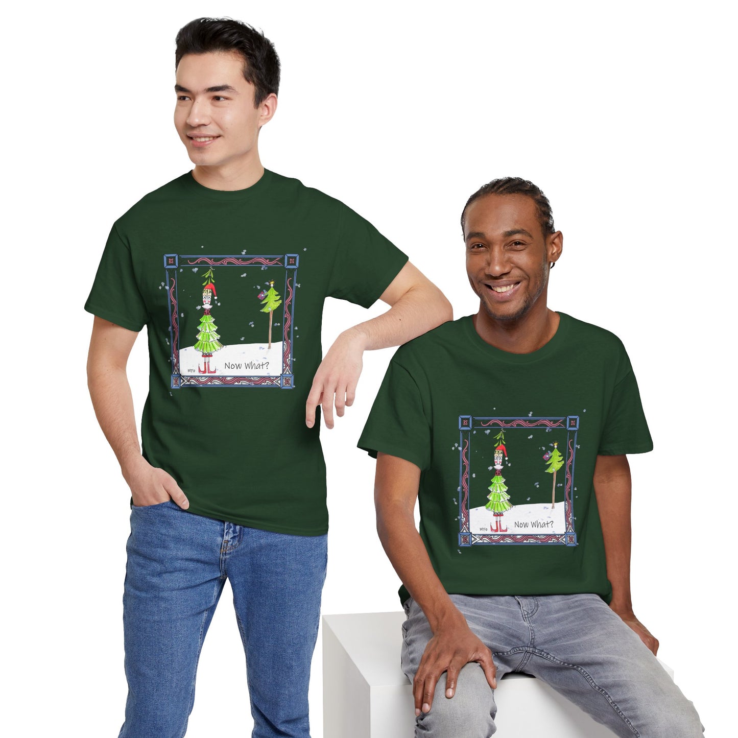 Mistletoe Christmas Tree Elf T-Shirt – Funny "Now What?" Holiday Tee by artist Marie Frederique