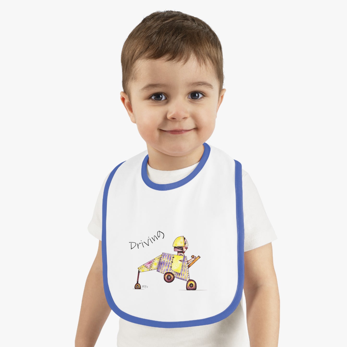 Driving - Super Cute Whimsical Designer Baby Contrast Trim Jersey Bib by artist Marie Frederique