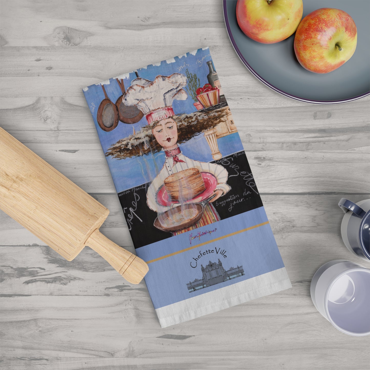 Suzette, Pastry Chef Tea Towel — Whimsical Kitchen Decor by artist Marie Frederique