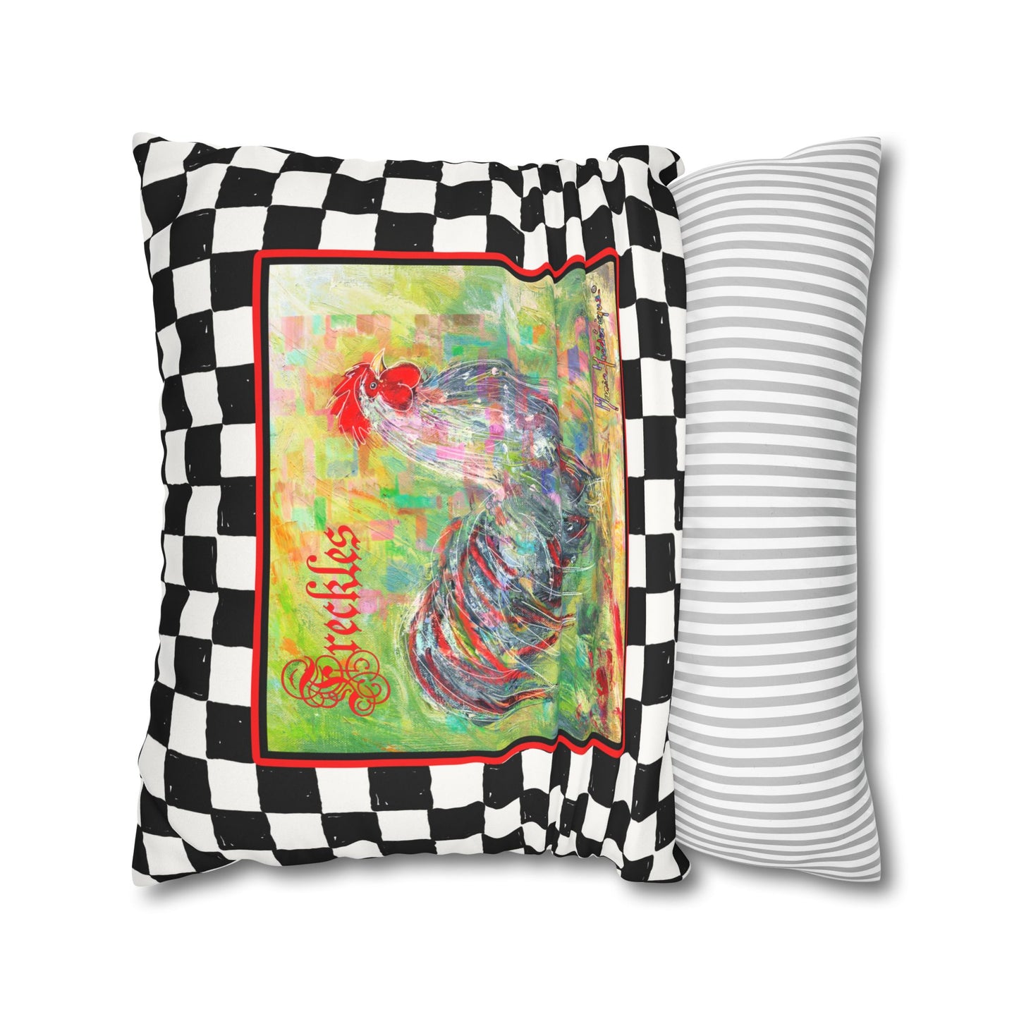 Rooster Checkered Faux Suede Pillowcase — "Freckles" Farmhouse Throw Pillow Cover by artist Marie Frederique