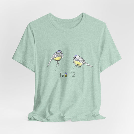Cute Bird Graphic Tee - "Two Tits" Unisex Jersey Short Sleeve Shirt by artist Marie Frederique