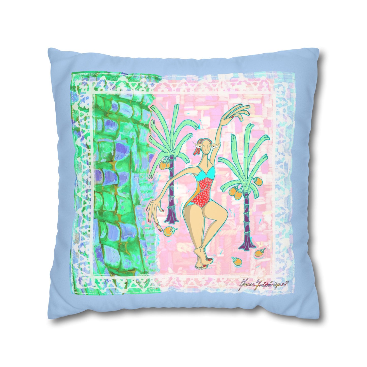 Tropical Dancer Faux Suede Pillowcase — Pastel Palm Beach Decorative Pillow Cover by artist Marie Frederique