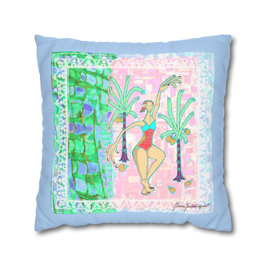 Tropical Dancer Faux Suede Pillowcase — Pastel Palm Beach Decorative Pillow Cover by artist Marie Frederique