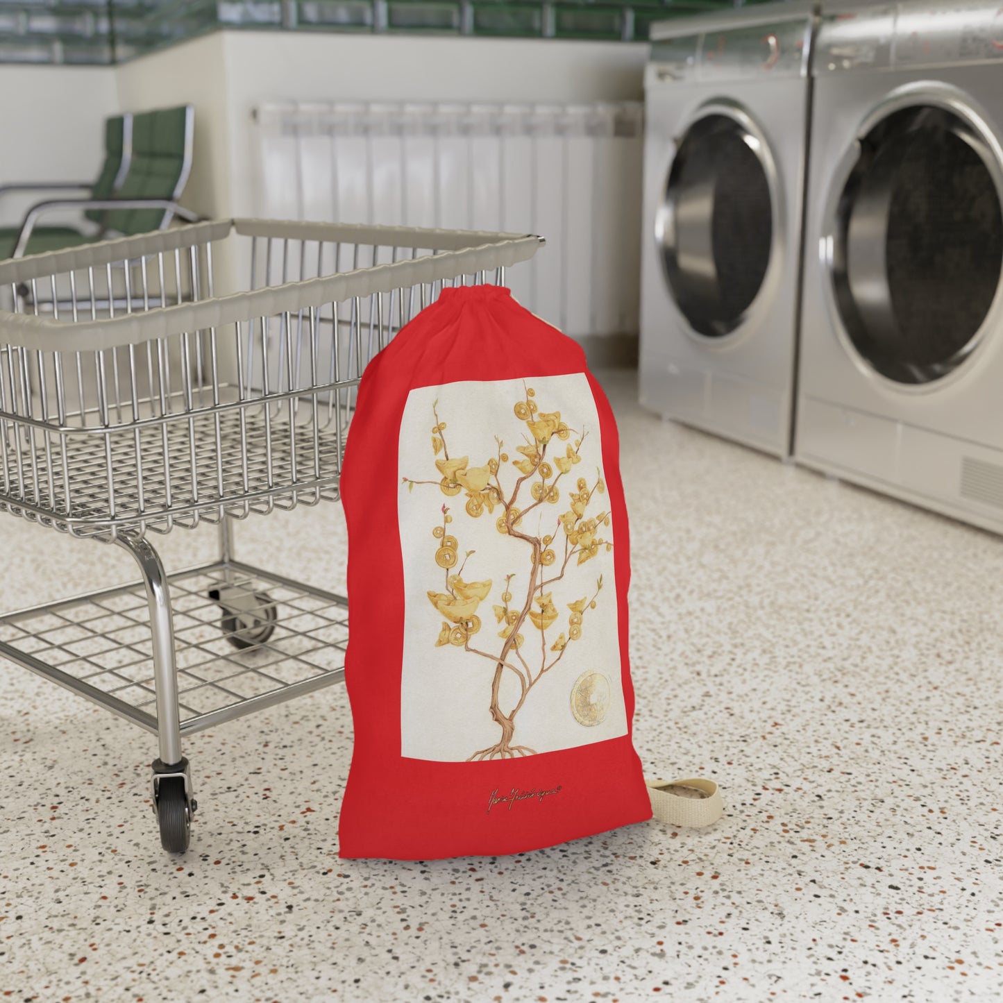 Floral Golden Money Tree Laundry Bag — Drawstring Laundry Sack by artist Marie Frederique