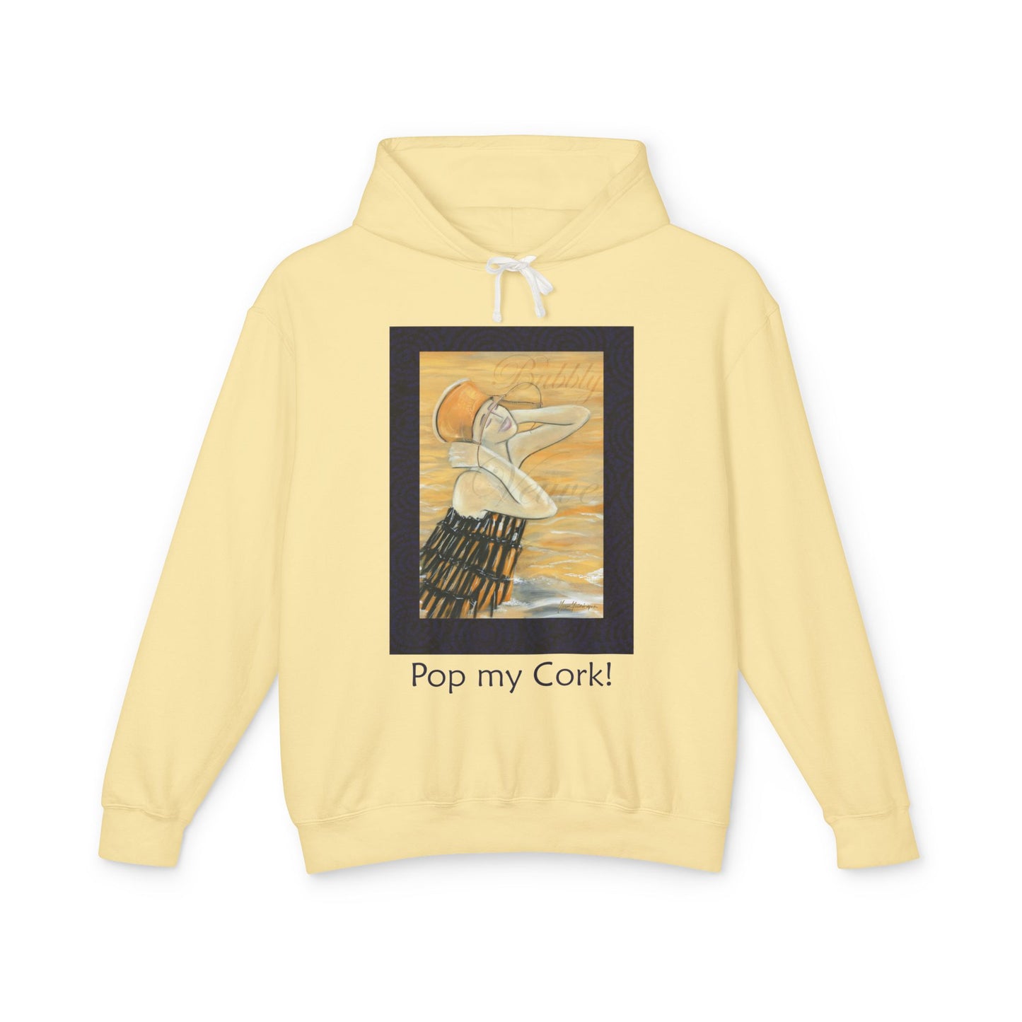 Celebration, Hooded Sweatshirt: Sexy Woman Dressed as Champagne Bottle "Pop my Cork! by artist Marie Frederique