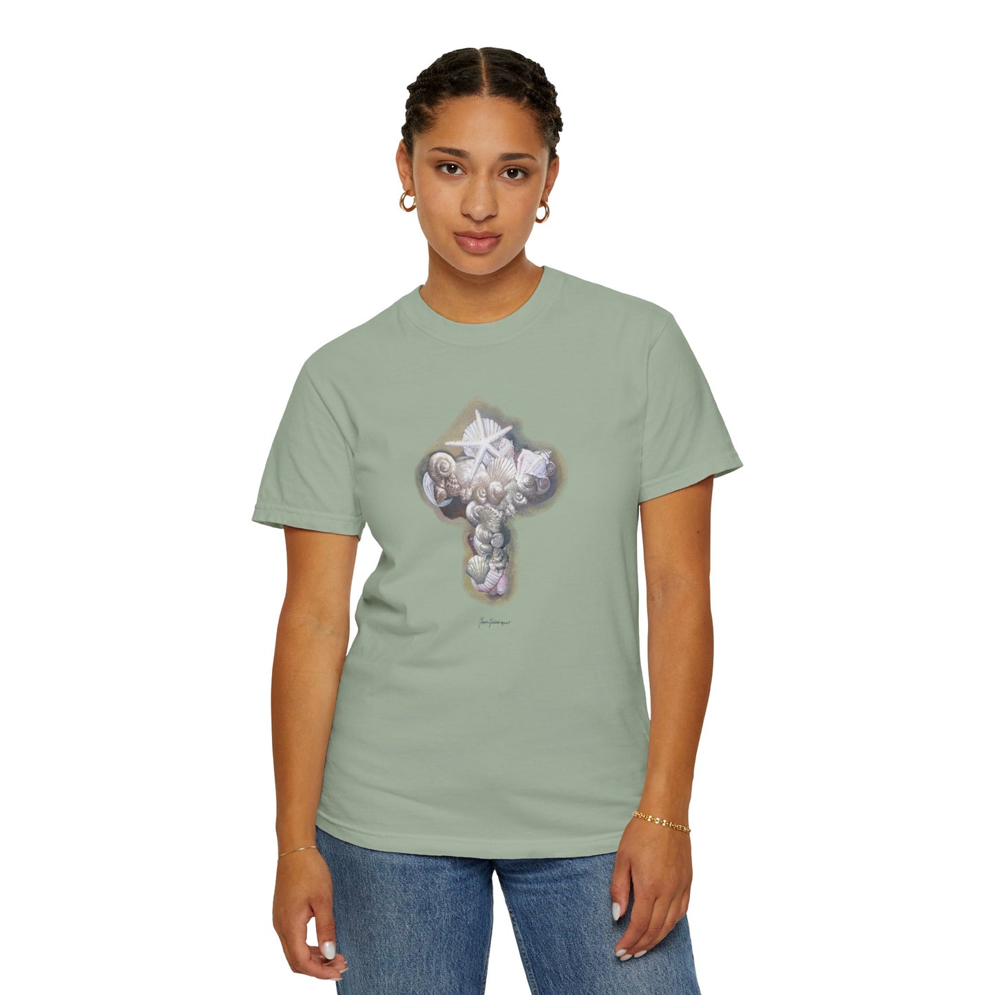Cross of seashells, Coastal Graphic T-Shirt by artist Marie Frdeerique