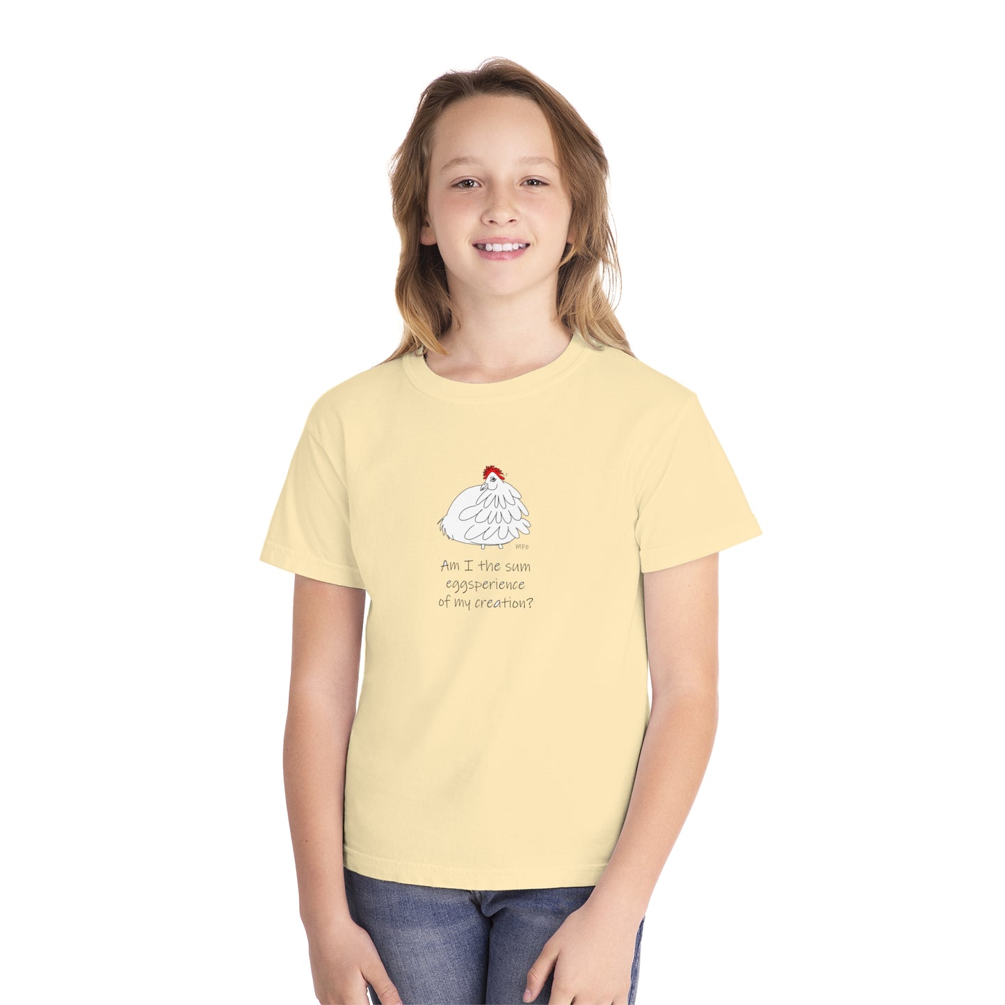 Funny Youth Midweight Tee - "Am I the sum eggsperience of my creation?" Chick Graphic by artist Marie Frederique