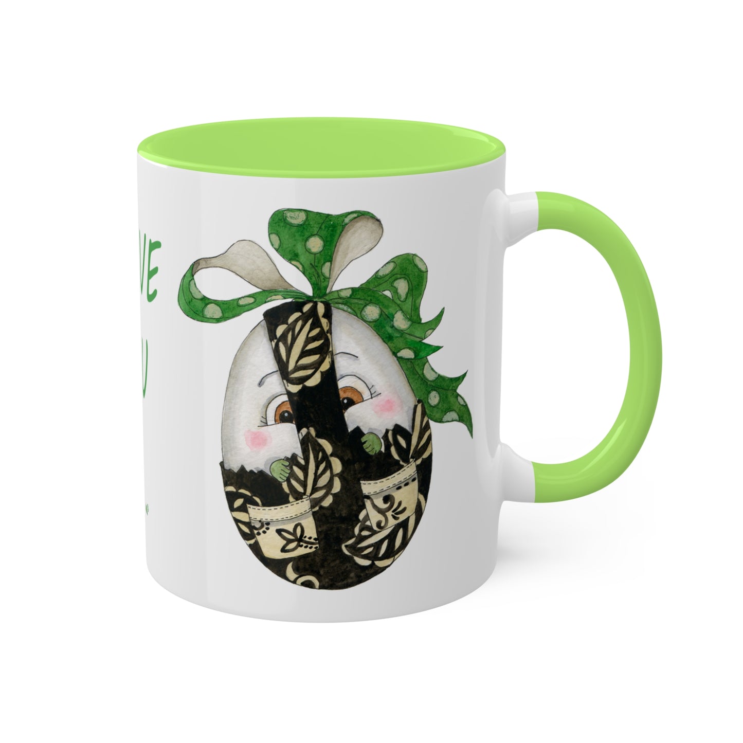 Whimsical Egg Wrap 1 "I Love You", Colorful Mug in black, red or light green, 11oz by Artist Marie Frederique