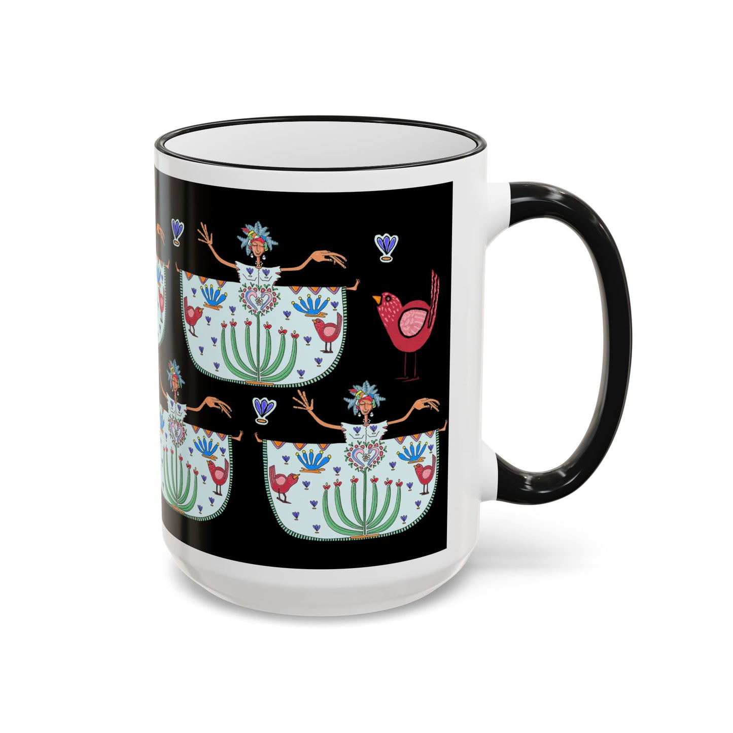 Chic Floral Folk Art Accent Rim Mug — Hand-Painted Teacup Pattern (11oz/15oz)