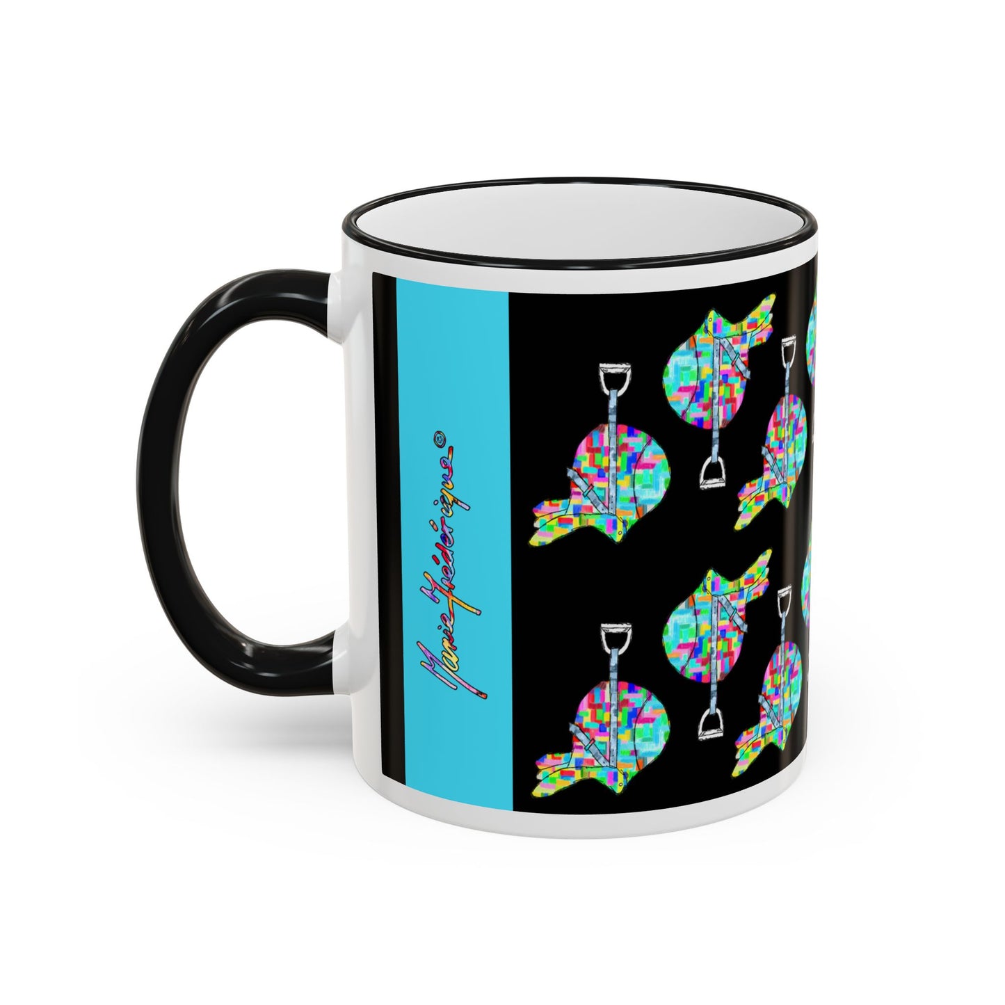 Saddle Patchwork Accent Rim Mug – Equestrian Colorful Mosaic Pattern (11oz, 15oz) by artist Marie Frederique