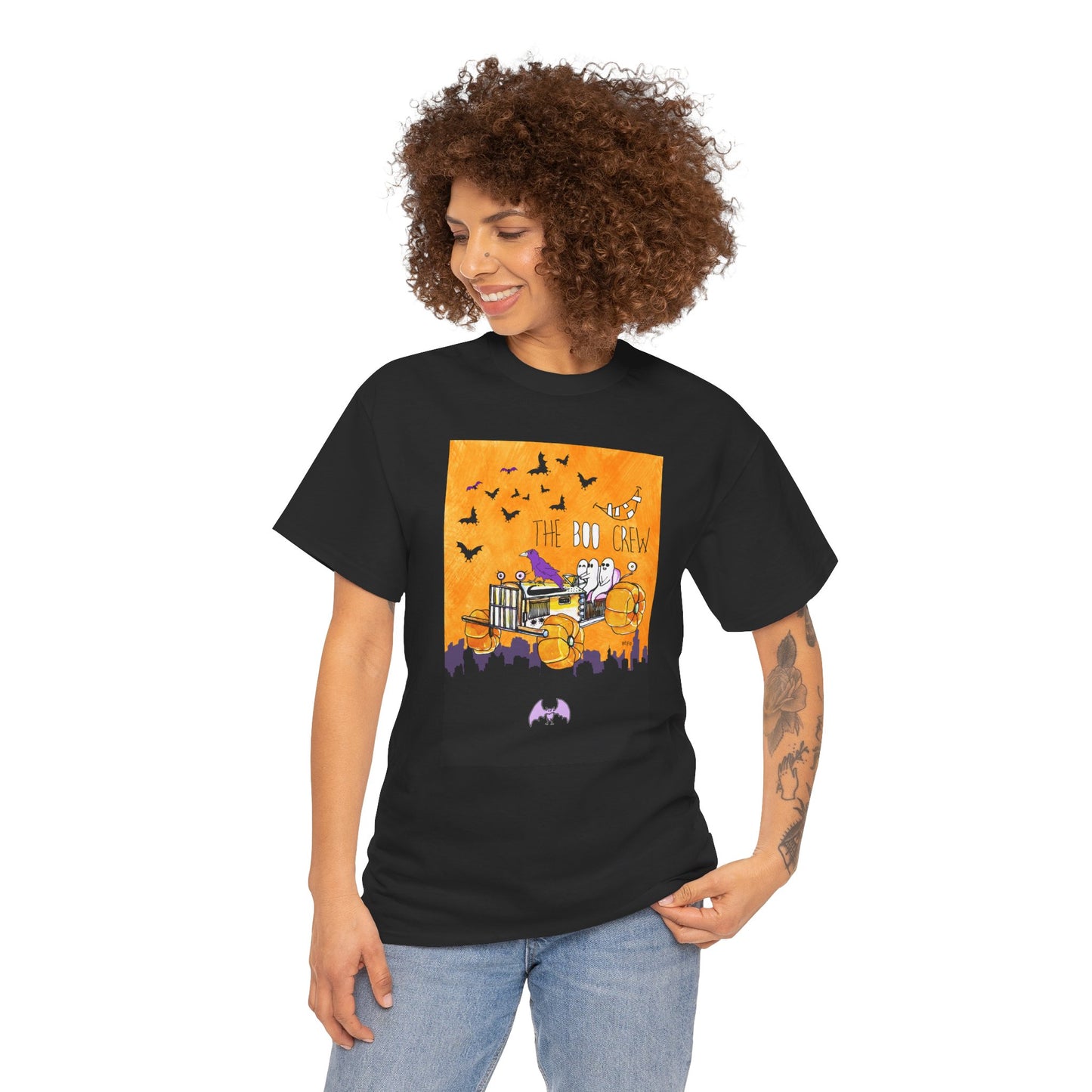Halloween Tractor, meet the BOO Crew, Unisex Heavy Cotton Tee by artist Marie Frederique