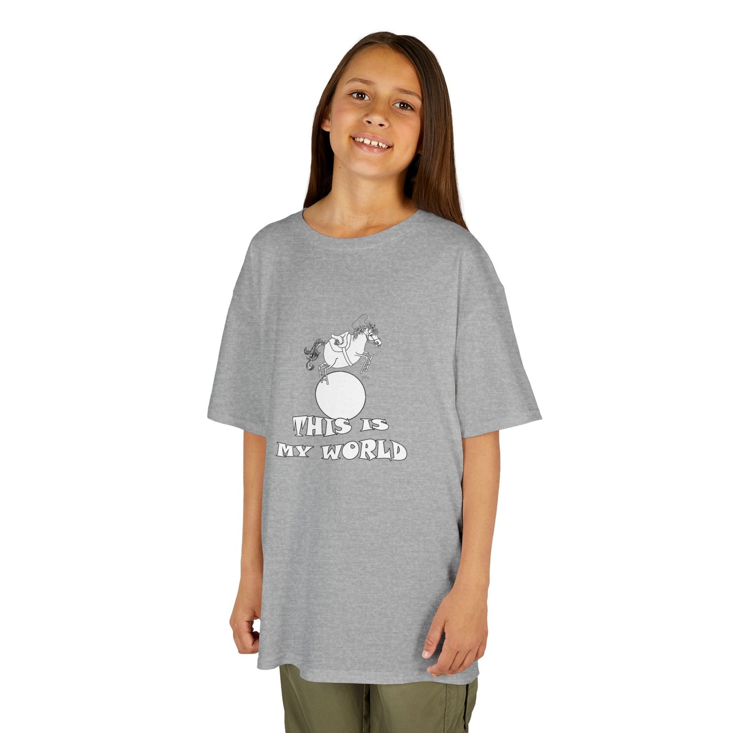 Kids Heavy Cotton™ Tee - 'This Is My World' Playful Horse Graphic T-Shirt for Children by artist Marie Frederique