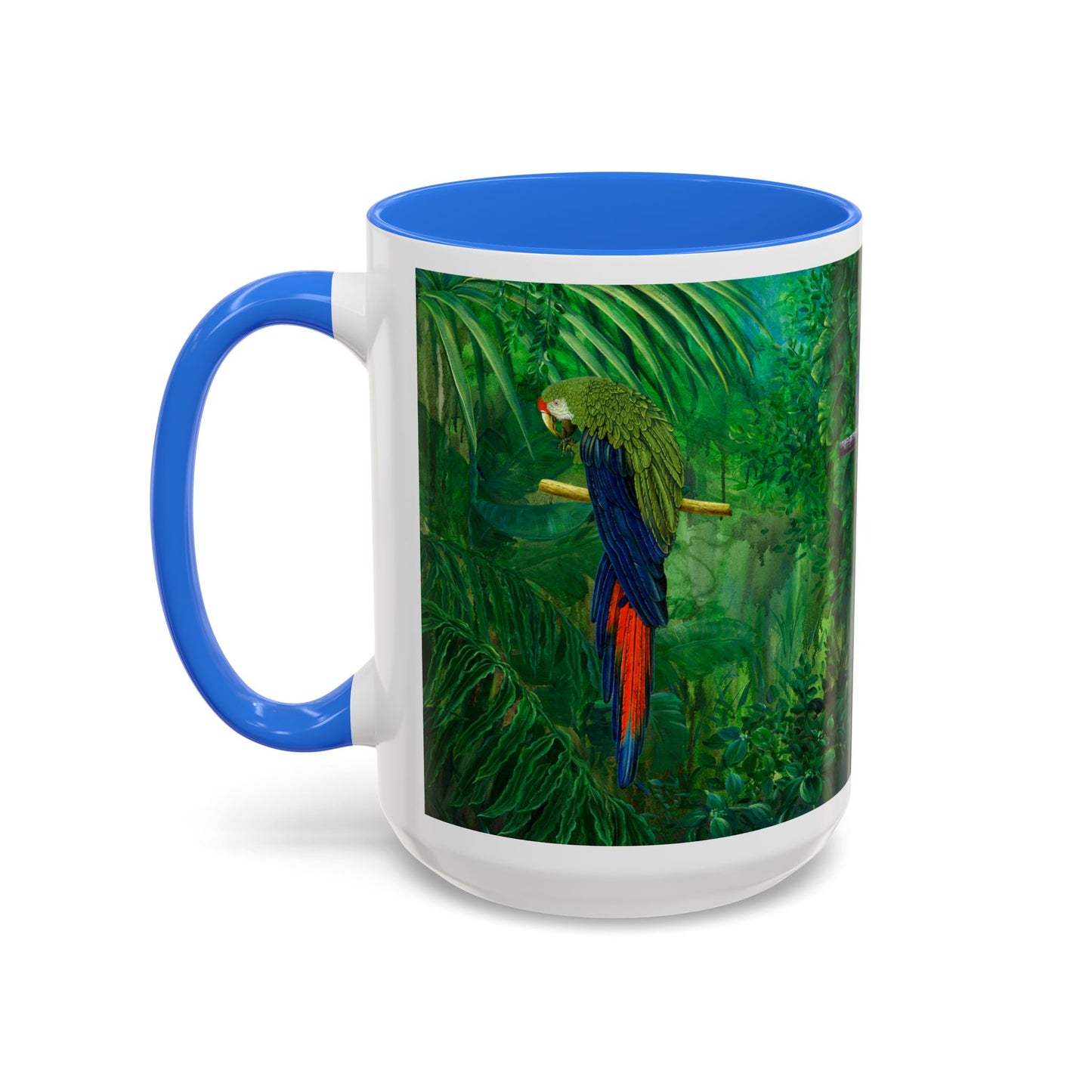 Parrots in Jungle Forest & Blue Iris mug by Artist Marie Frederique