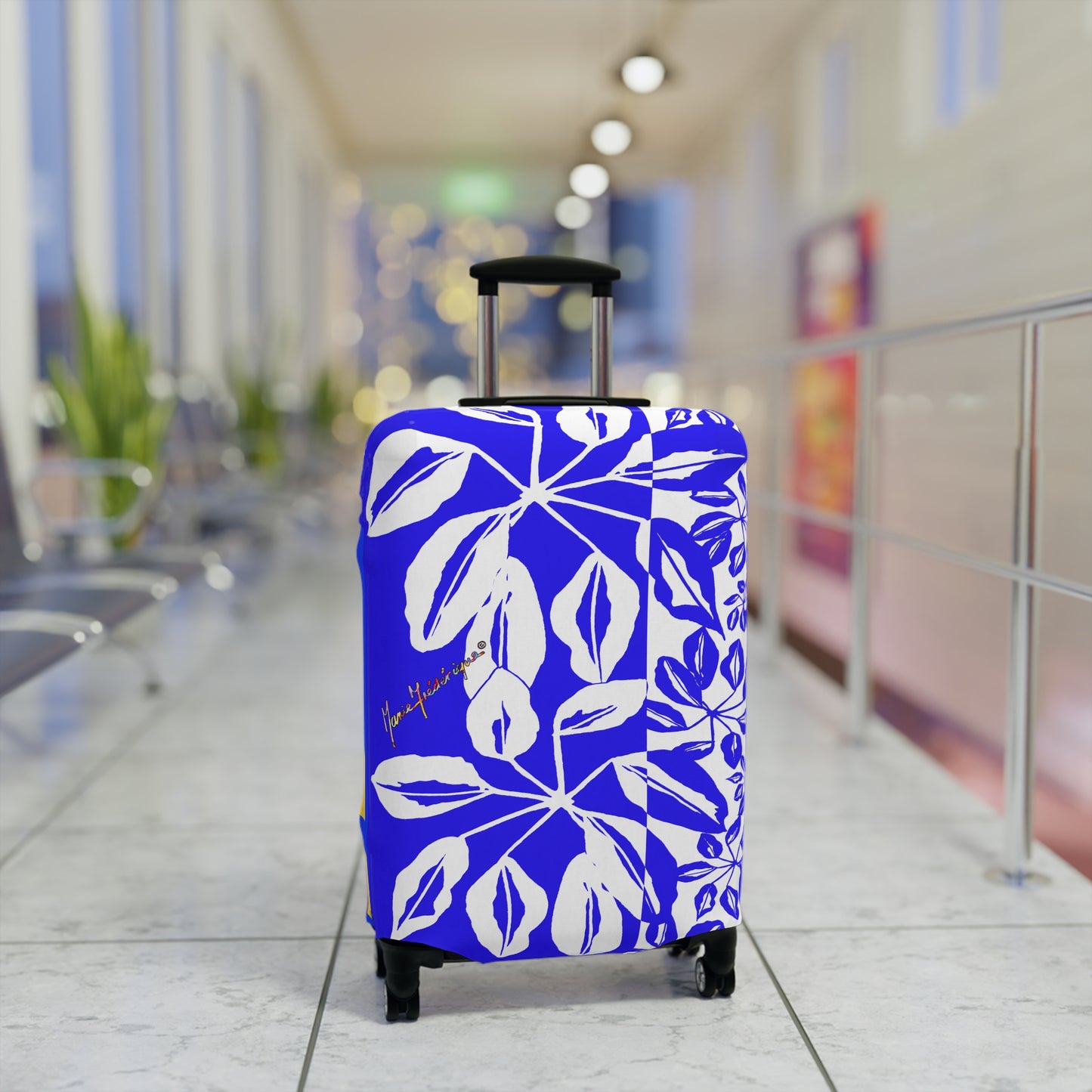 Luggage Cover, Tropical Leaves Blue and White by artist Marie Frederique