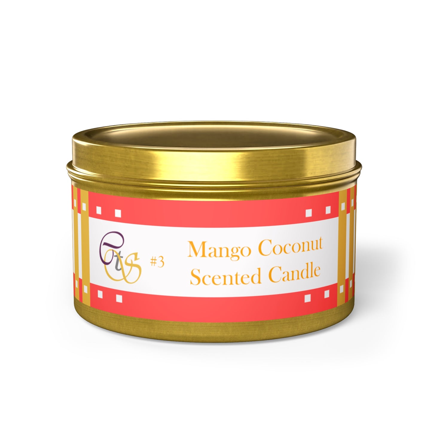 CTS #3 Candle Collection, "Mango Coconut" Scented Coconut Soy Wax Candle in a metal tin. 4 oz or 8 oz, 3 tin colors silver, black or gold