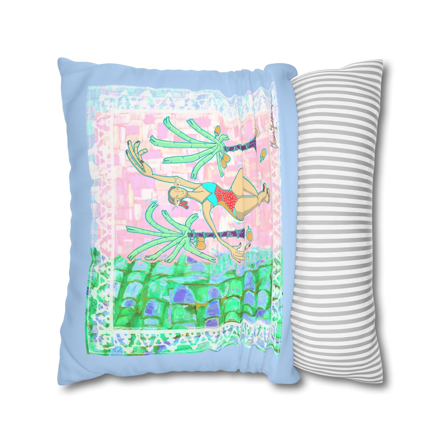 Tropical Dancer Faux Suede Pillowcase — Pastel Palm Beach Decorative Pillow Cover by artist Marie Frederique
