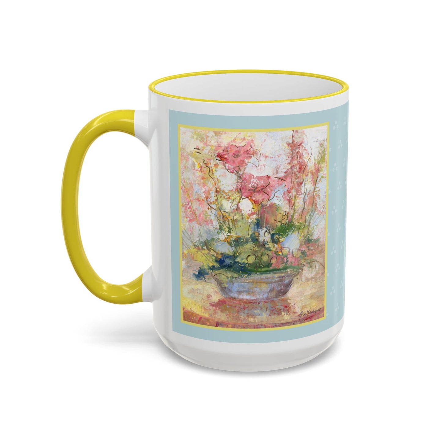 Floral Watercolor Accent Rim Mug — Pastel Bouquet Coffee Cup (11oz & 15oz) by artist Marie Frederique