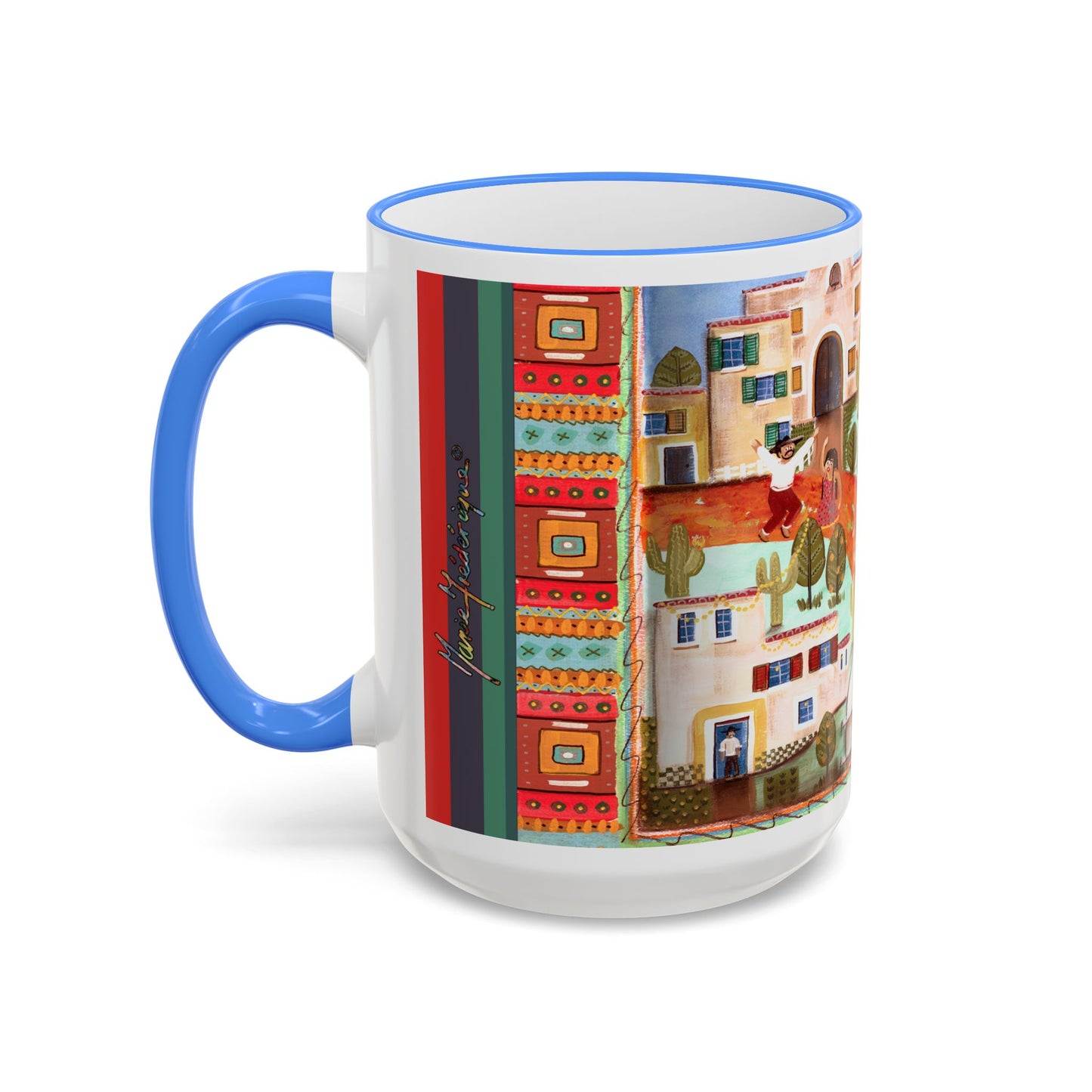 Colorful Fiesta Village Scene Accent Rim Mug — Whimsical Community Art Coffee Cup (11oz/15oz) by artist Marie Frederique