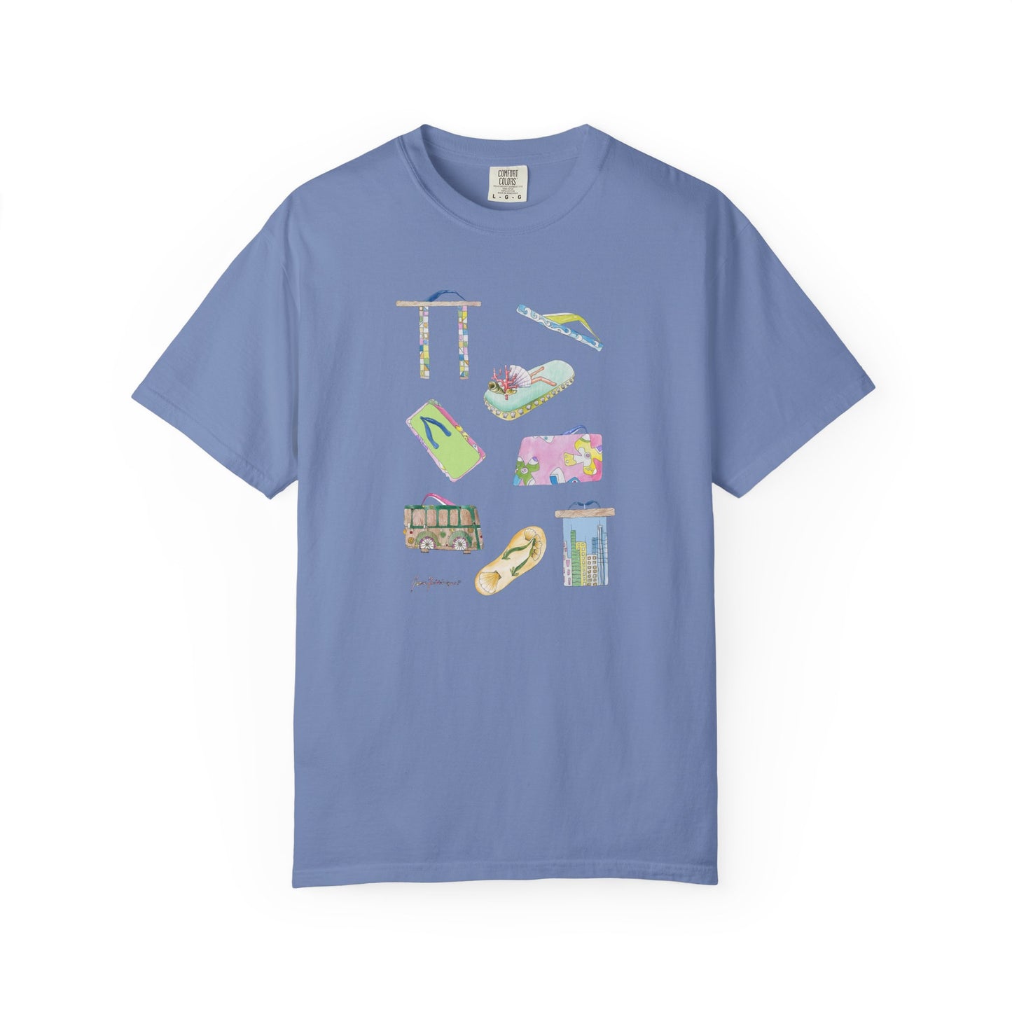 Summer Vacation Icons T-Shirt — Tropical Flip-Flops Tee by artist Marie Frederiquw