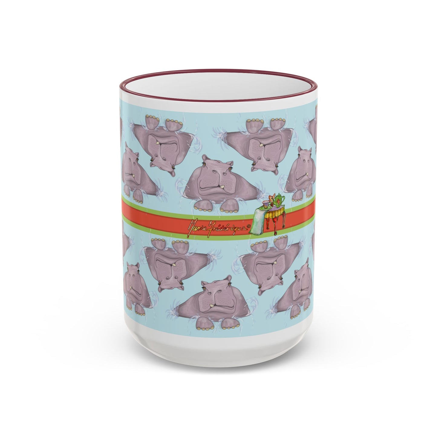 Happy Hippo Pattern Mug — Coffee Tea Mug (11oz, 15oz) by artist Marie Frederique