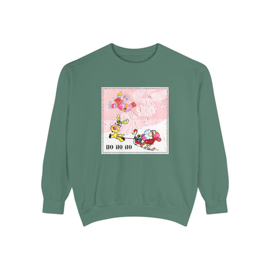 Christmas Sweatshirt - Ho Ho Ho Santa & Sleigh off to Work flying under a pink sky by artist Marie Frederique